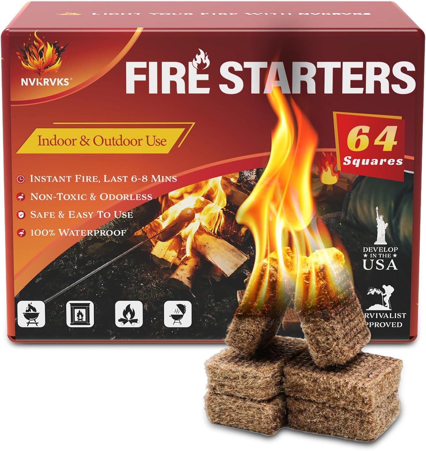 Nvkrvks Fire Starter 64, Easy-Burning Fire Starter Squares for Campfires | Natural & Waterproof BBQ Fire Starters