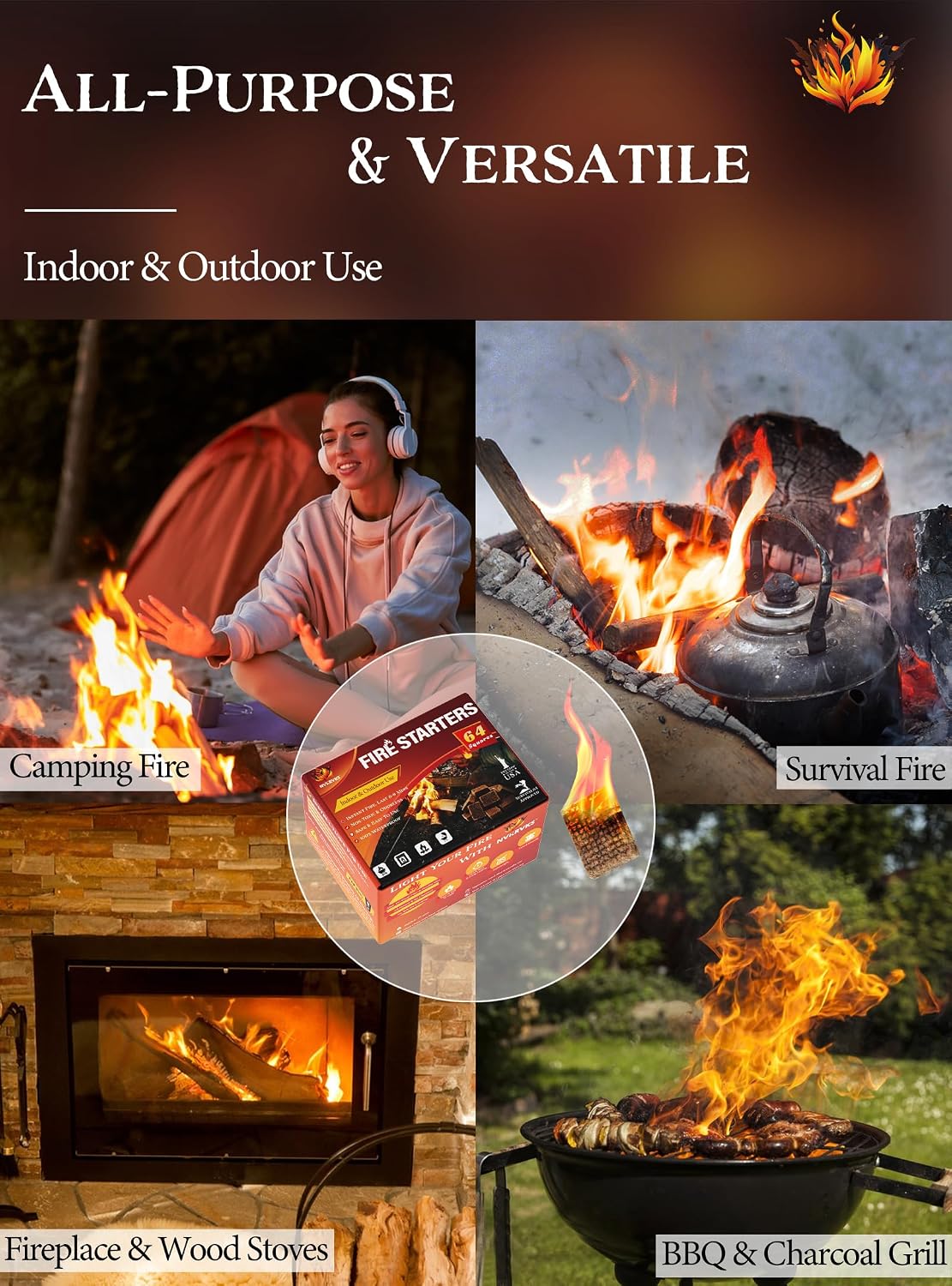 Nvkrvks Fire Starter 64, Easy-Burning Fire Starter Squares for Campfires | Natural & Waterproof BBQ Fire Starters - Image 4