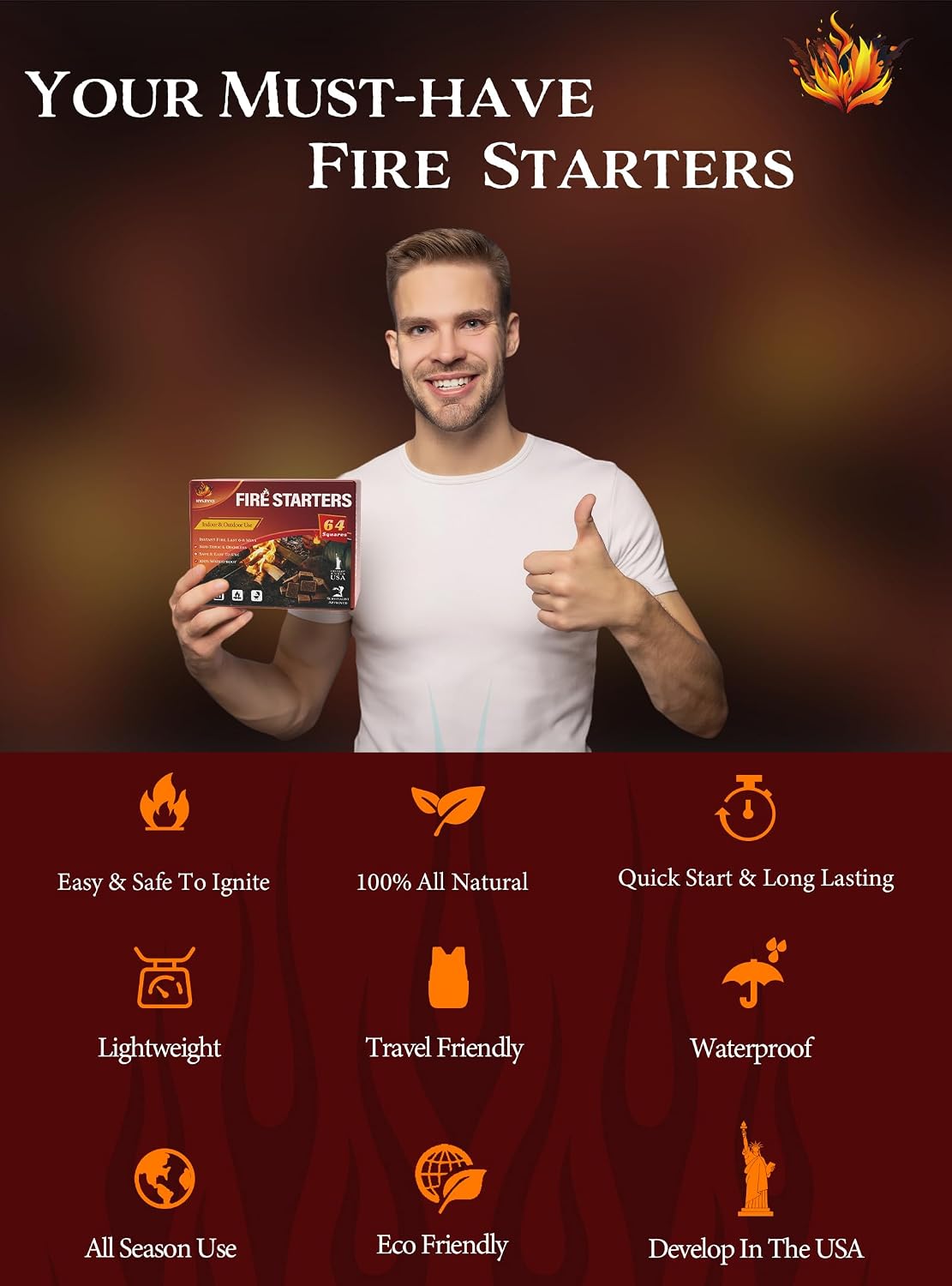 Nvkrvks Fire Starter 64, Easy-Burning Fire Starter Squares for Campfires | Natural & Waterproof BBQ Fire Starters - Image 6