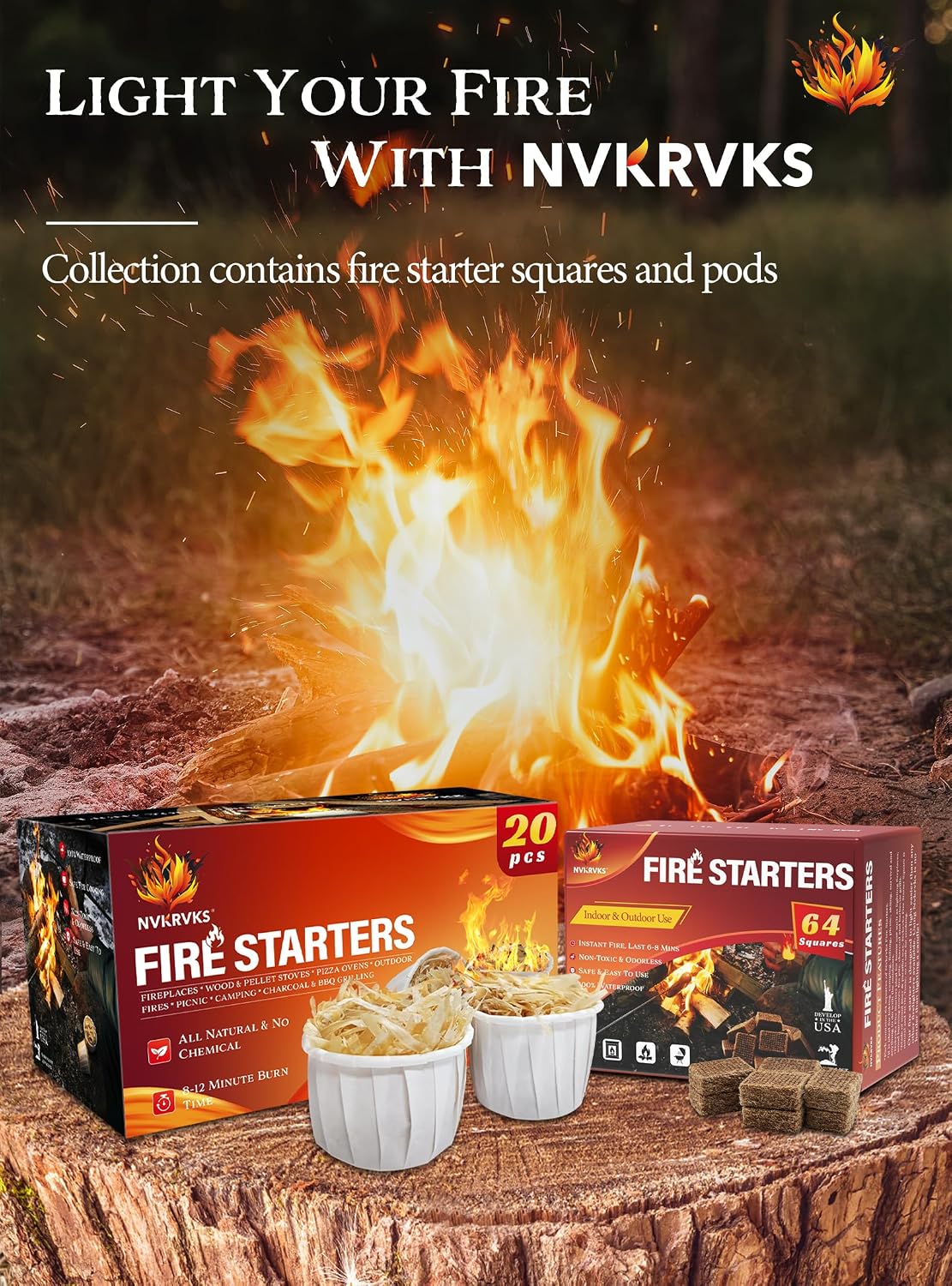 Nvkrvks Fire Starter 64, Easy-Burning Fire Starter Squares for Campfires | Natural & Waterproof BBQ Fire Starters - Image 9