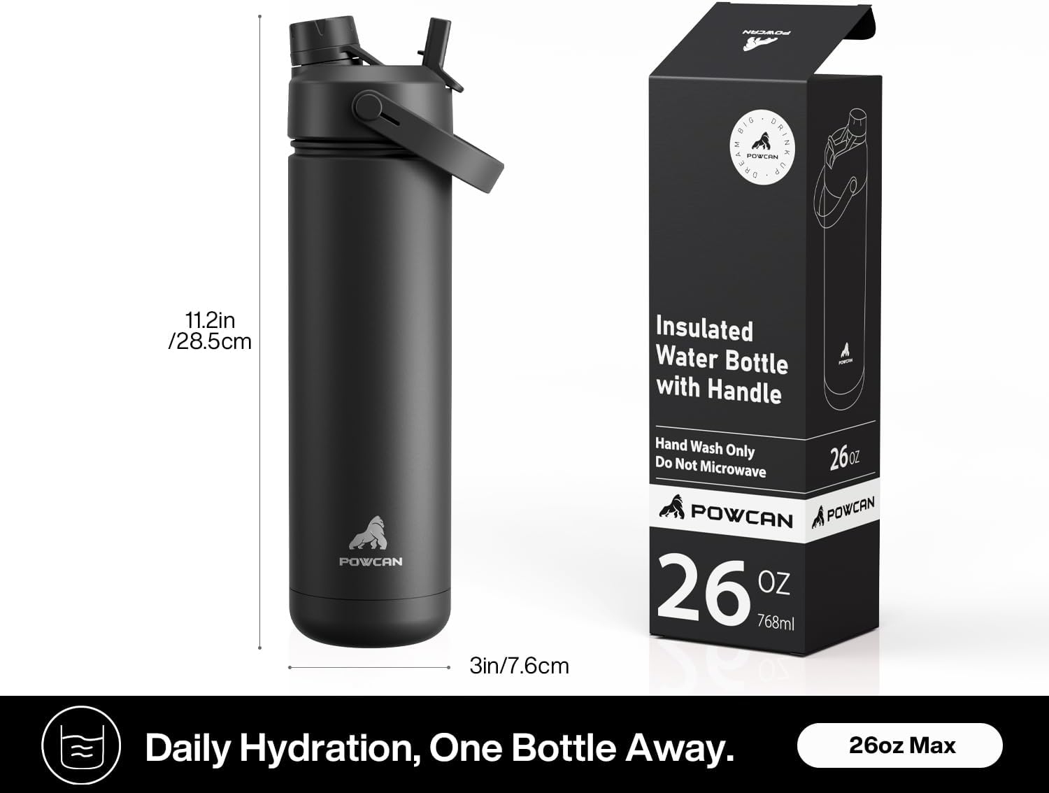 POWCAN 26 oz Insulated Water Bottle with 2-in-1 Straw and Spout Lid, Keep Cold 24H, Leak-Proof, Fits in Car Cup Holder, Stainless Steel Water Bottle for Sports, Travel, and School (Dark Knight) - Image 6