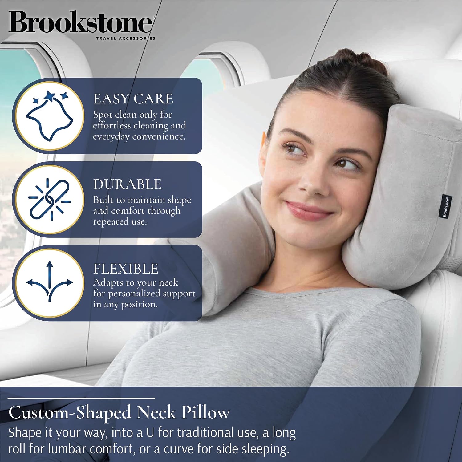 Brookstone Free Form Travel Pillow Lightweight Flexible Memory Foam Pillow | Adjustable Internal Spine Shapes Into a U, Roll or Curve for Neck, Back or Side-Sleeper Support, Foldable for Any Trip - Image 3